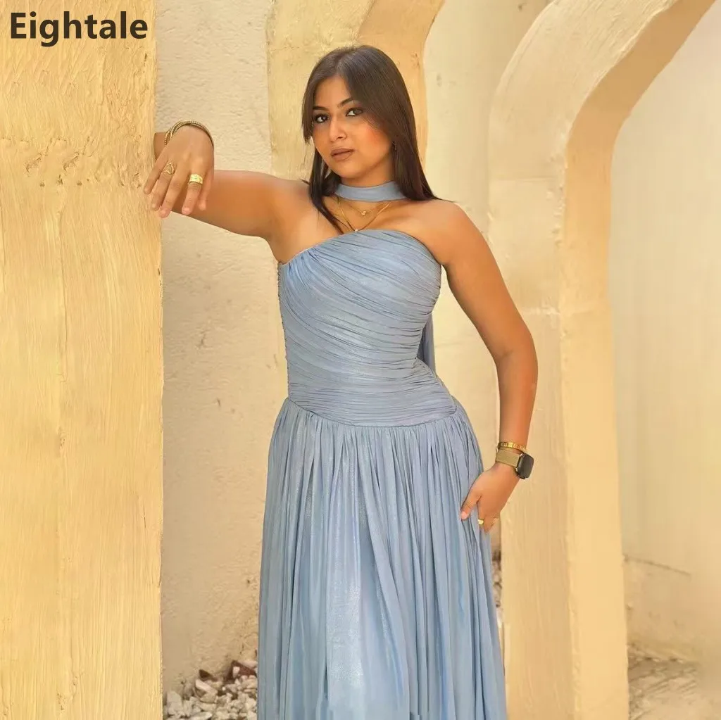

Eightale 2025 Blue Strapless Maxi Evening Dress With Wrap Wedding Party Formal Prom Dress Dubai Party Gown Customized