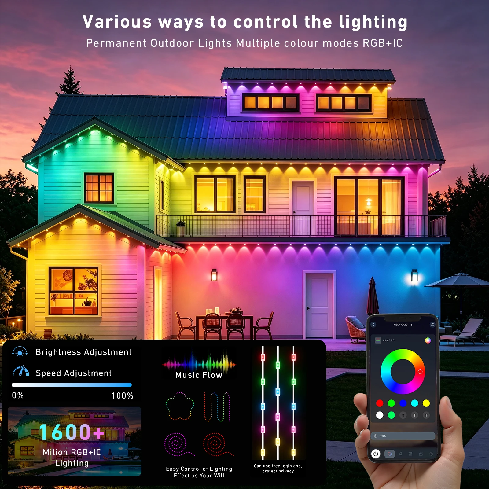 600FT Permanent Outdoor String Lights RGB+IC,IP67 Waterproof Eaves Lights, App & Remote Control, Music Sync, MyDIY Timer, Easy Install for Patio, Roofline, Garden, Deck, Fence Holiday Decor 7