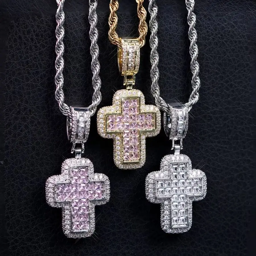 Hiphop Luxury Inlaid CZ Cross Pendant Rope Chain Necklaces for Men Women Punk Personality Rapper Accessory Fashion Neck Jewelry