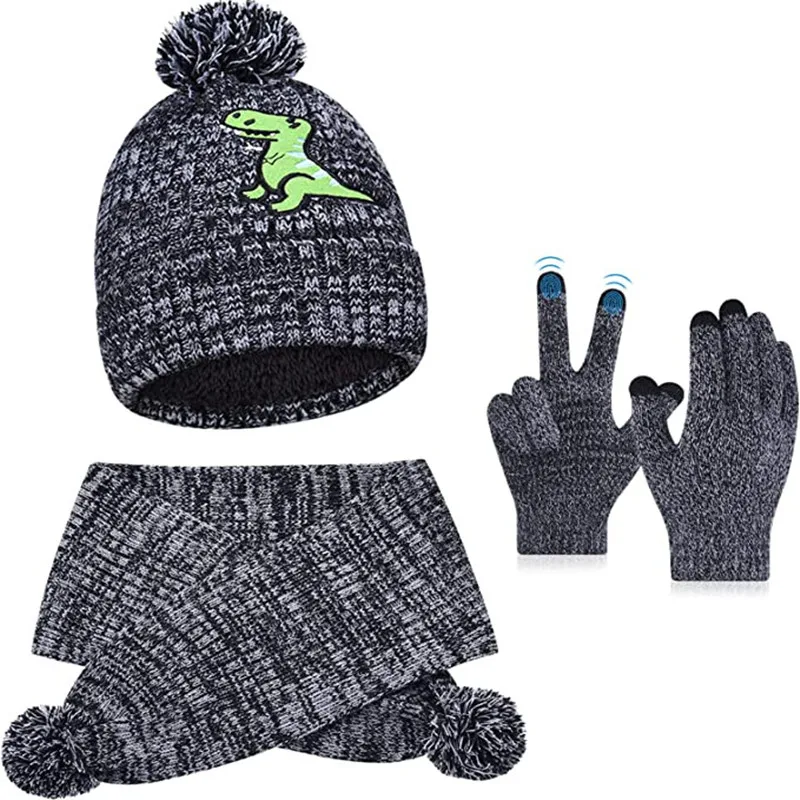 1-5Y Winter Thick Velve Warm Children Baby Knit Gloves Hat Scarf 3pcs Suit Outdoor Windproof Kids Muffler Cap Set for Boy Girl