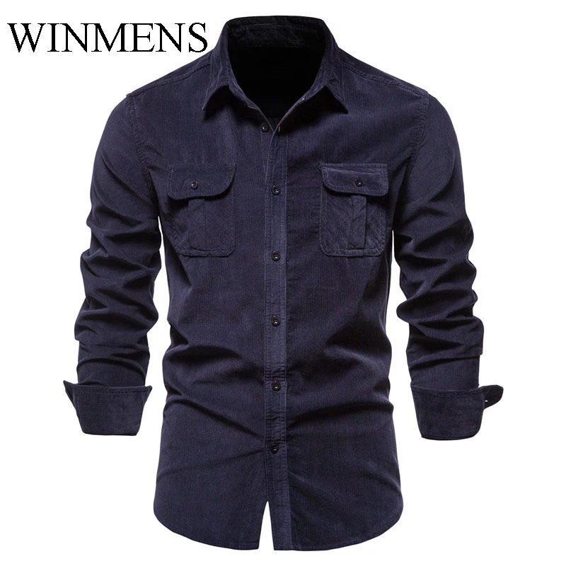 

Мужская осенняя вельветовая рубашка, однотонное хлопковое пальто с отложным воротником и длинными рукавами, облегающие повседневные базовые рубашки