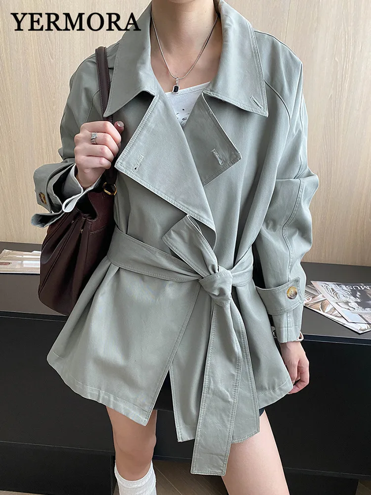 

YERMORA Gray Bandage Brief Casual Trench Coat For Women Lapel Long Sleeve Loose New Jacket Fashion Tide Spring Autumn 2025