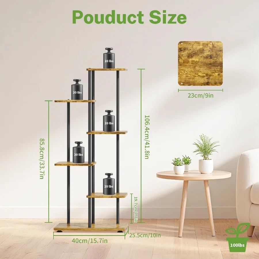 Soporte para plantas de 5 niveles, estante de soporte para flores múltiples de madera y Metal de esquina escalonada para interiores, estante de exhibición de orquídeas de 42 pulgadas de alto para Patio y porche