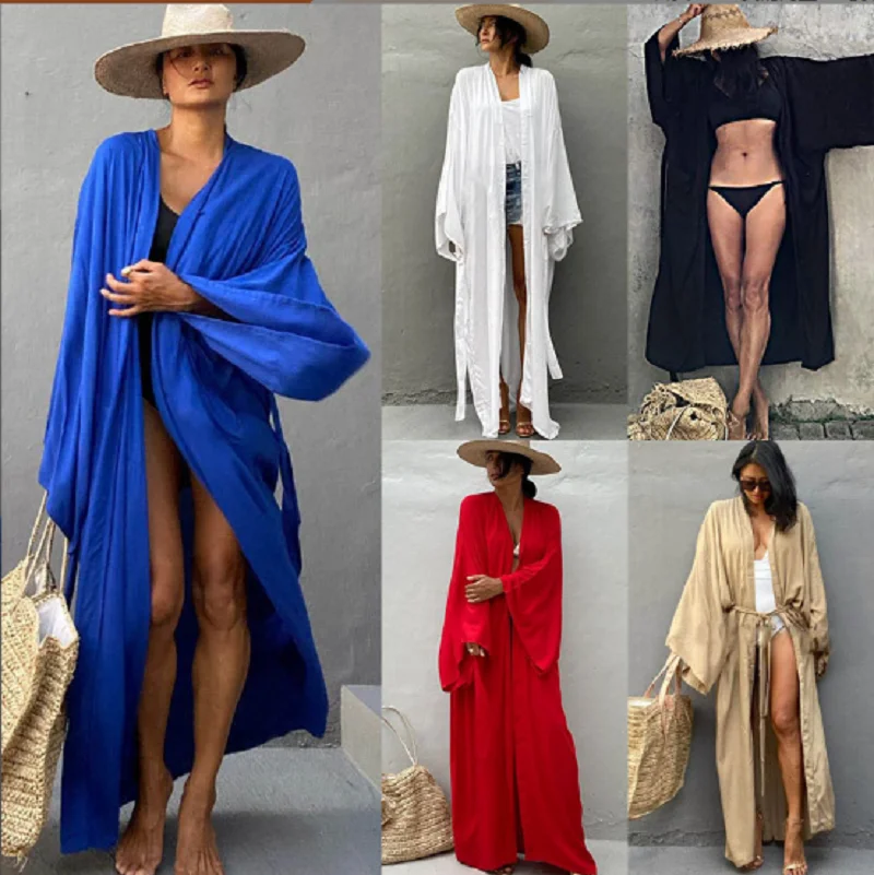 

Wholesale New Fashion Sexy Beachwear Sunscreen Clothes Women's Long Loose Cardigan Pajamas Nightgowns Bathrobe Bikini Cover Robe