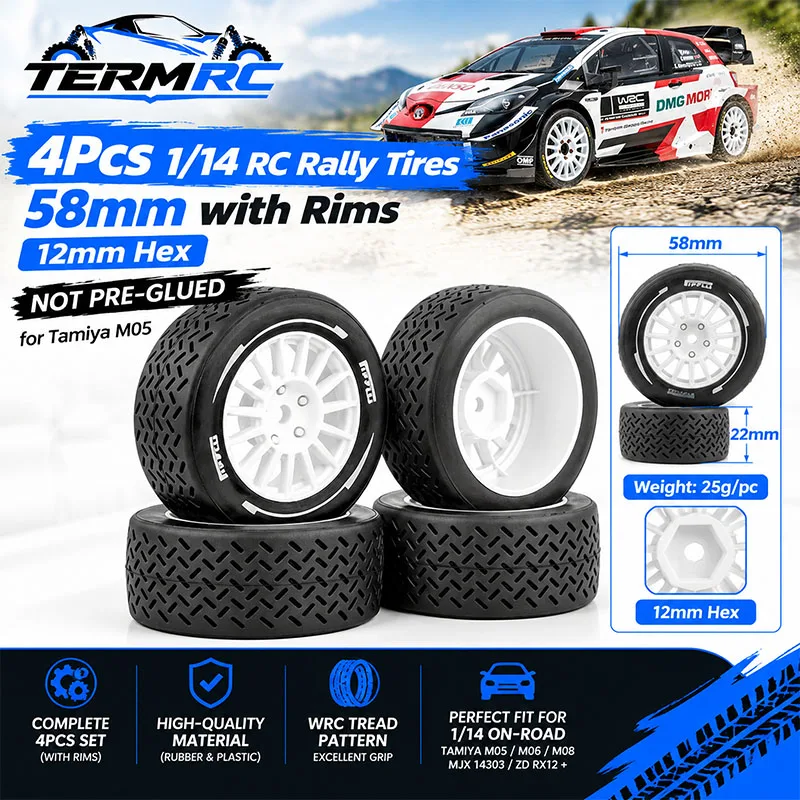 4Pcs 1/14 RC Rally Tires 58mm with Rims 12mm Hex NOT PRE-GLUED for Tamiya M05