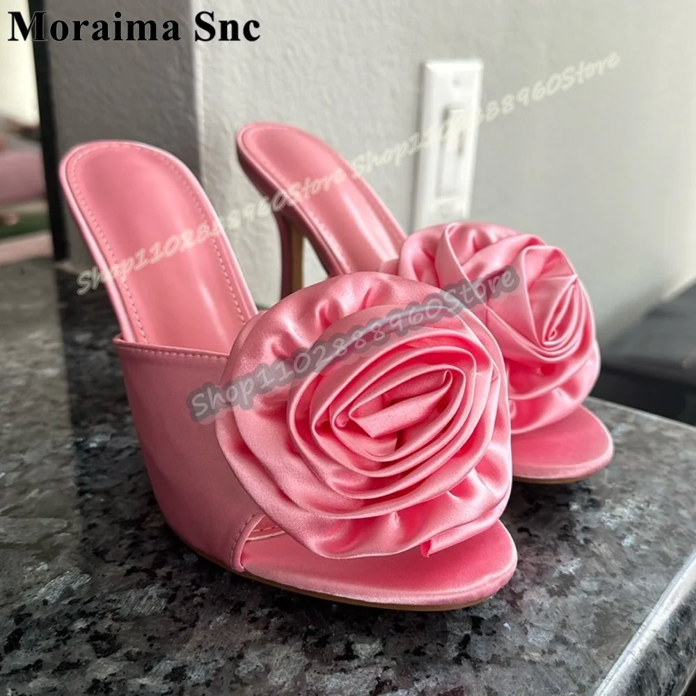 

Pink Satin Rose Flower Slippers Stilettos High Heel Shoes For Women Slip On Peep Toe Casual Party Elegant Stylish Women Slippers