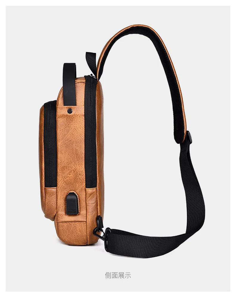 New Casual Chest Bag Travel shoulder bag Men Multifunction Anti-theft USB Charging Crossbody Bag Quality PU Leather Pack Male