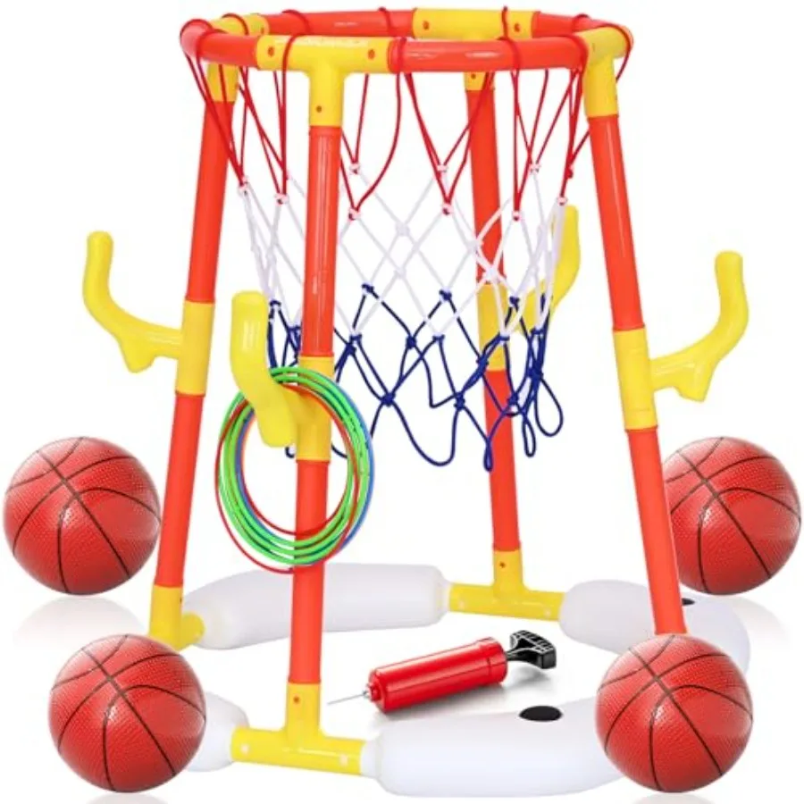

Pool Basketball Hoop 2-in-1 for backyard pool party: durable plastic blue/white floats effortlessly includes 4 balls 12 rings p