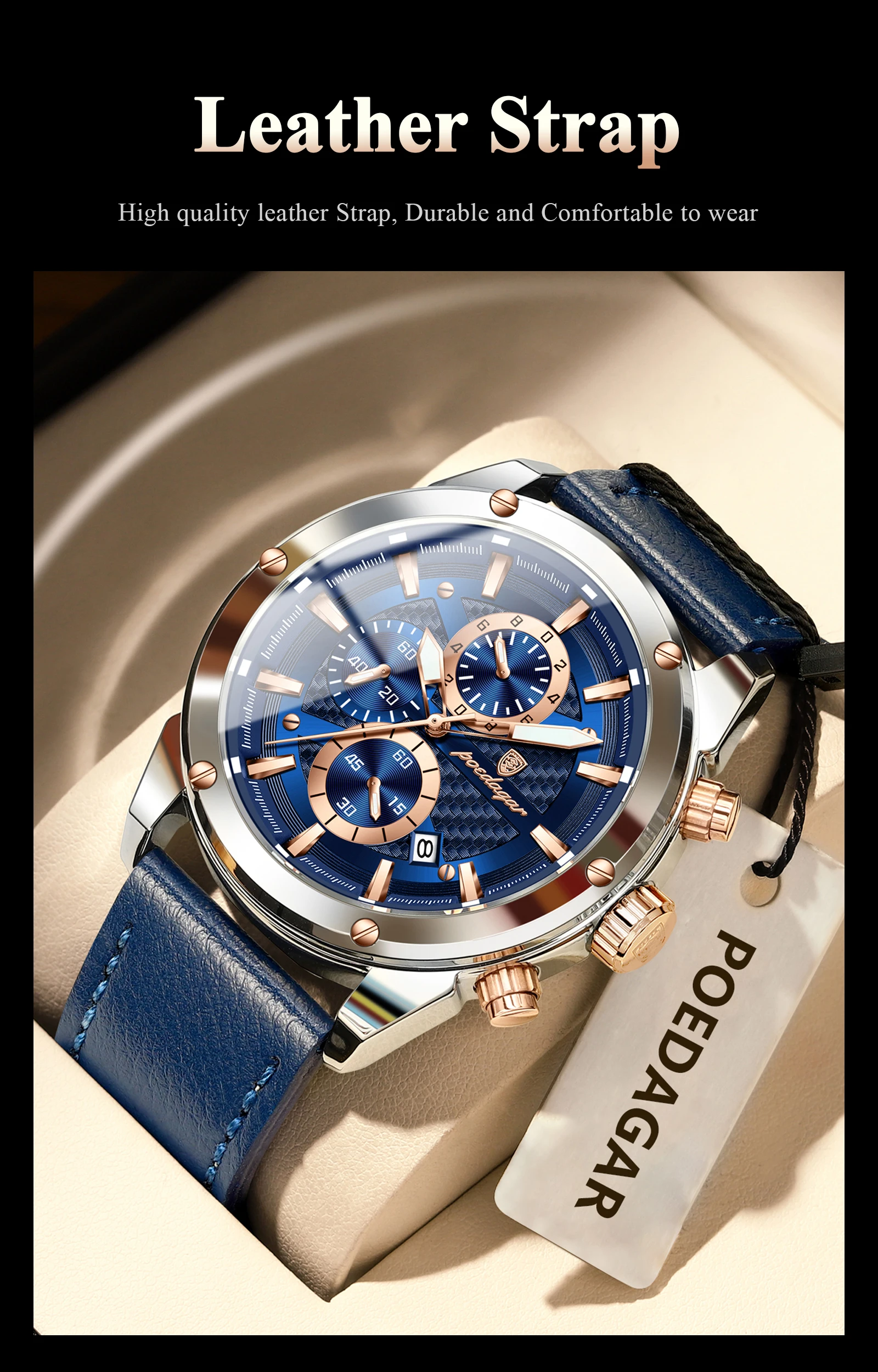 POEDAGAR Business-Mann-Uhr, wasserdicht, leuchtend, Chronograph, Datum, Original-Uhren für Herren, Leder, Luxus-Herren-Quarz-Armbanduhr – Detail 12