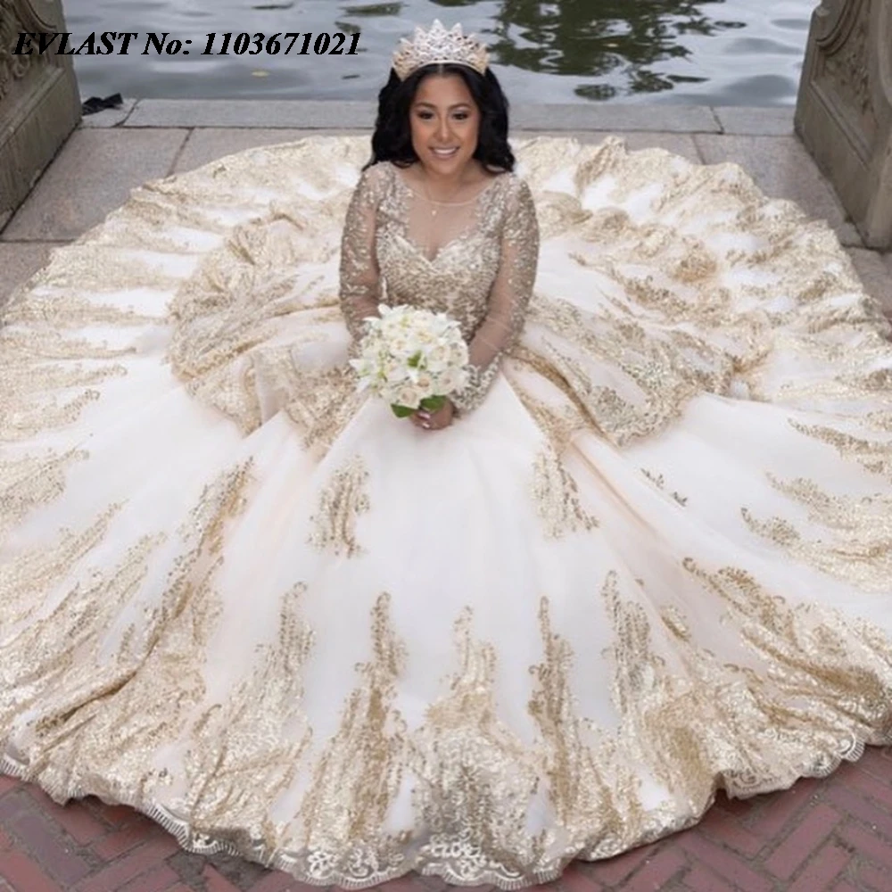 

EVLAST Customized Lace Quinceanera Dress Ball Gown Gold Applique Beaded Pearls Corset Sweet 16 Vestidos De 15 Anos SQ495