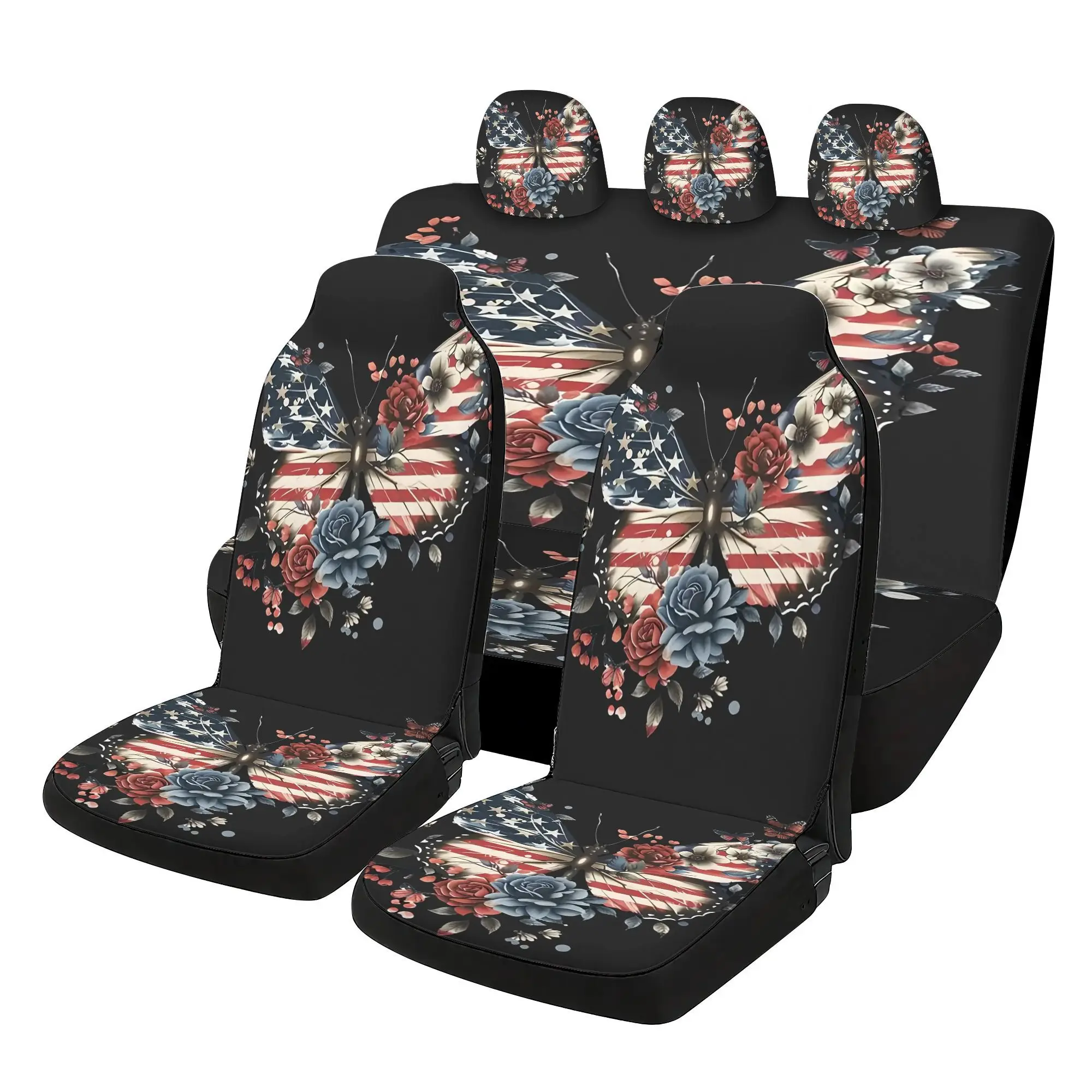 Stars And Stripes Butterfly Five Seater Car Seat Cover Complete Set Of Accessories, Two Front Seats, Three Hats, One Seat Cushio