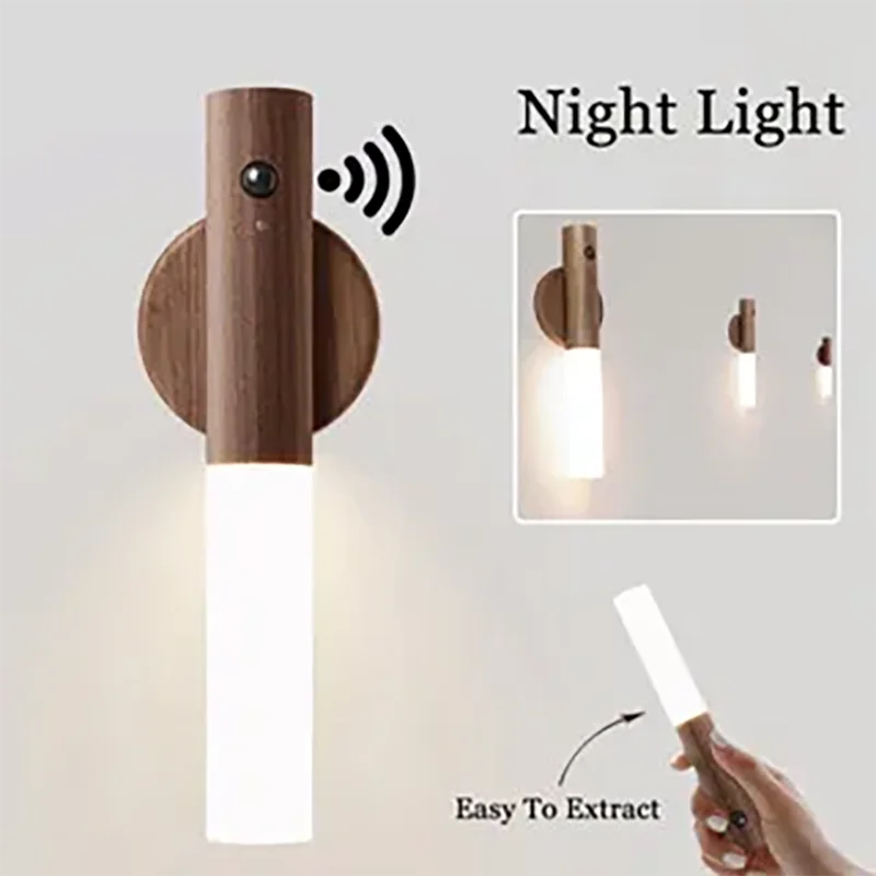 Imagem -03 - Magnetic Wood Grain Led Wall Lamp Sensor de Movimento Usb Night Light Luz do Armário Escada Mesa de Quarto Iluminação de Cabeceira