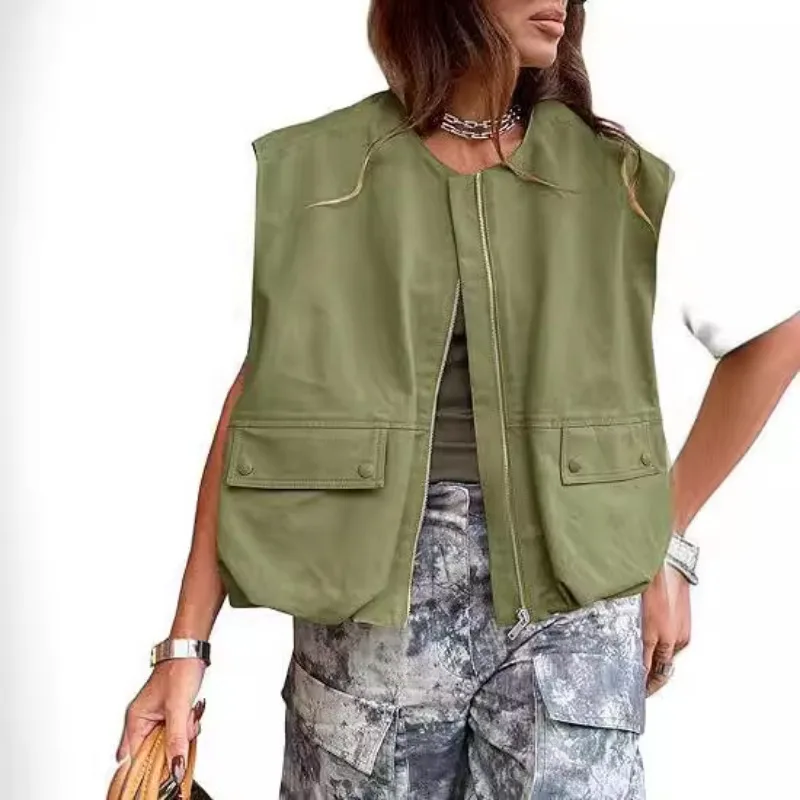 Cargo Waistcoat Women y2k Clothes Solid Color Round Neck Zip Up Sleeveless Oversized Jacket 2000s Coat Tops Streetwear
