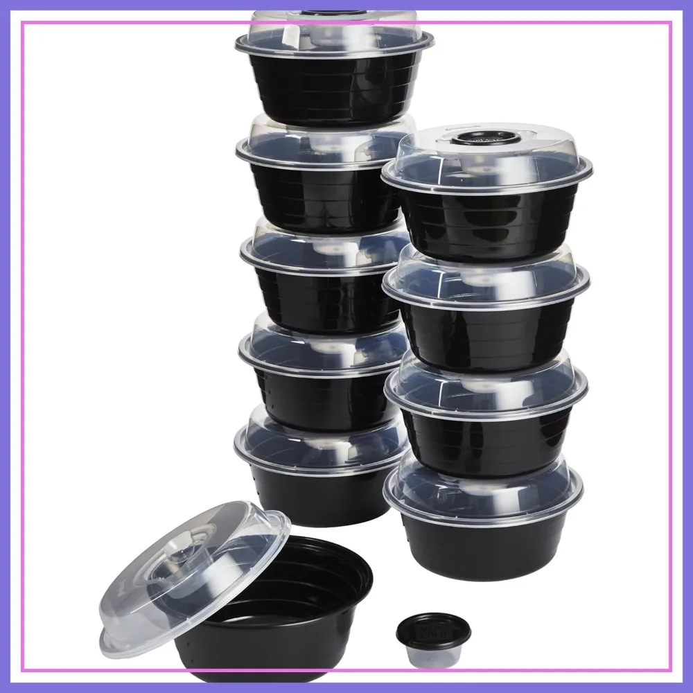 

4-Cup Meal Prep Bowls Set with Lids & Dressing Cup, Microwavable Food Storage Containers for Meal Prepping, Set of 10, Black