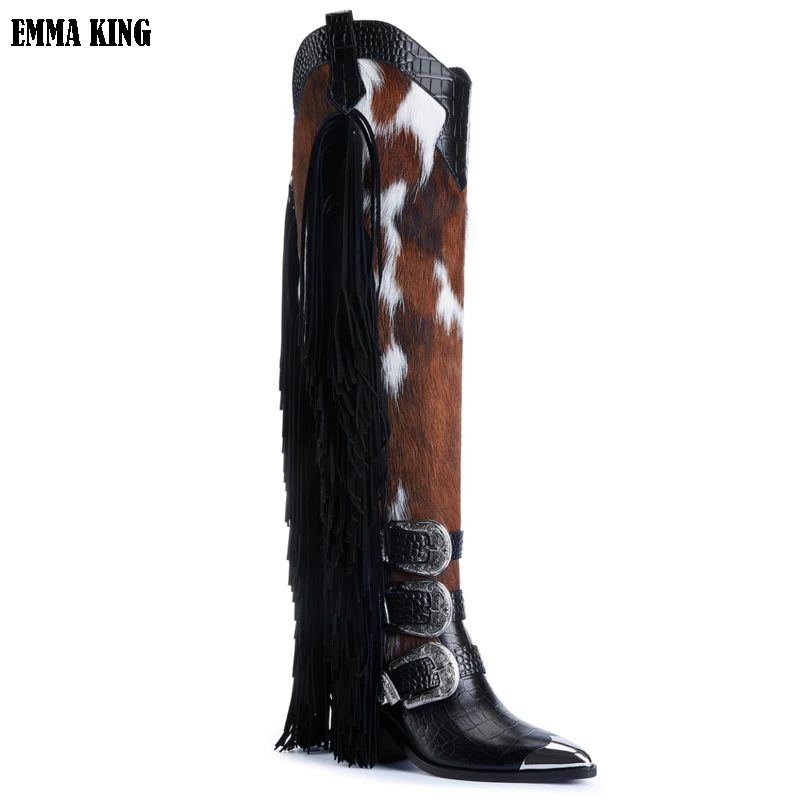 2025 Real Fur Mid-calf Boots Women Belt Buckle Furry Wrapped Warm High Heels Shoes Winter Elegant Casual Pointy Toe Chic Shoes