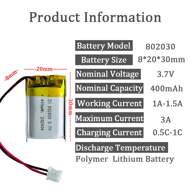 3.7V 400mAh Lithium Polymer 802030 Rechargeable Battery Li Ion Cell for MP3 MP4 MP5 GPS Bluetooth Speaker USB Fan Mouse Massager