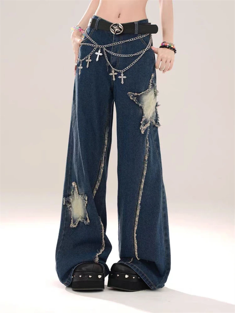 

Women's Star Patch Fabric Fringed Wide Leg Jeans Street Cool Girl High Waist Baggy Pants Female Casual Straight Denim Trousers