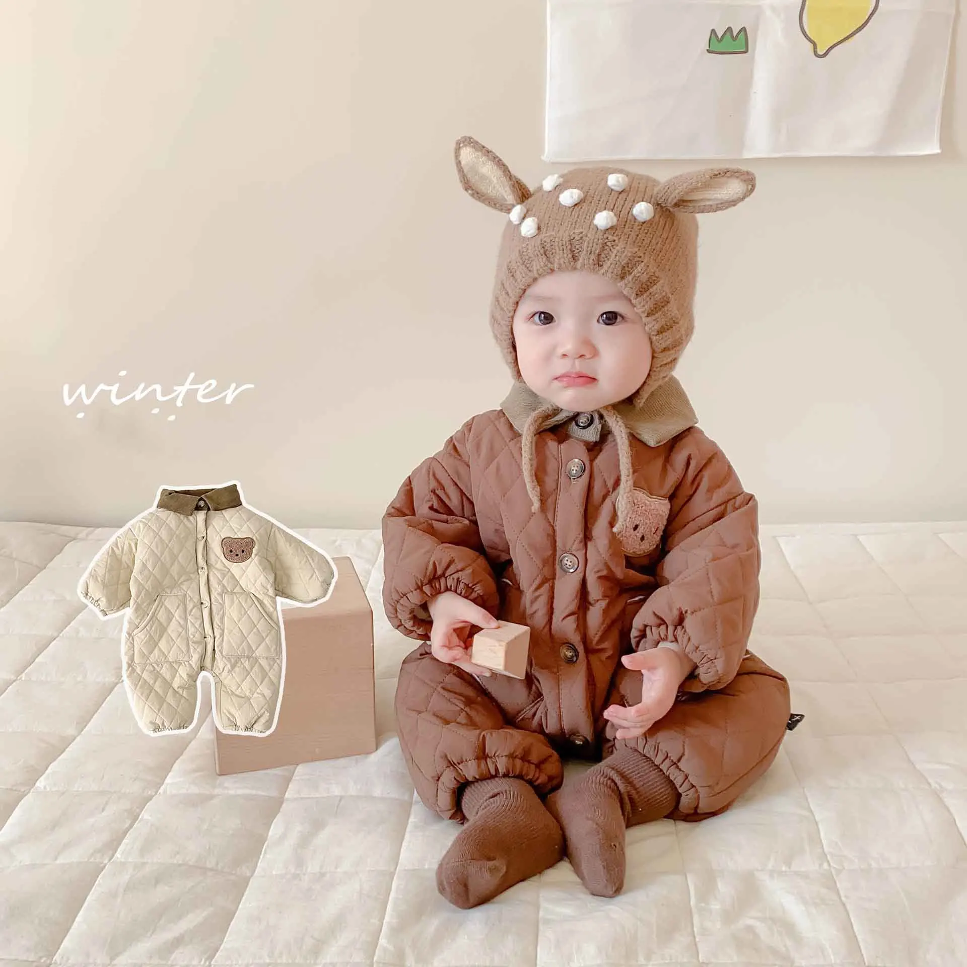 

Baby Lapel Quilted Padded Climbing Clothes for Boys and Girls Baby Bear Plus Velvet Padded Jumpsuit In Winter