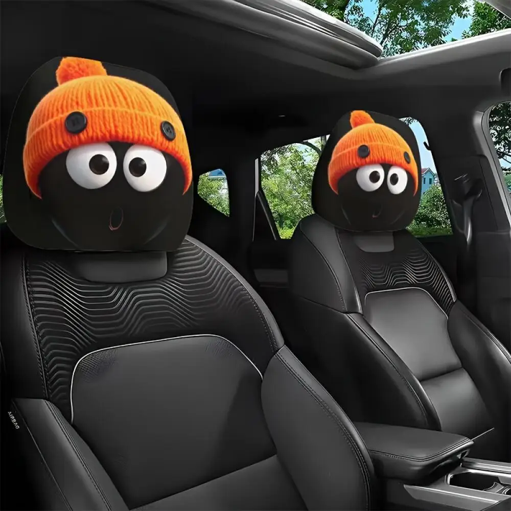 2 Pieces Cute  Coal Ball  Car Headrest Covers with Orange Beanies, 2D Printed, Elastic, Universal Car Seat Headrest Protectors
