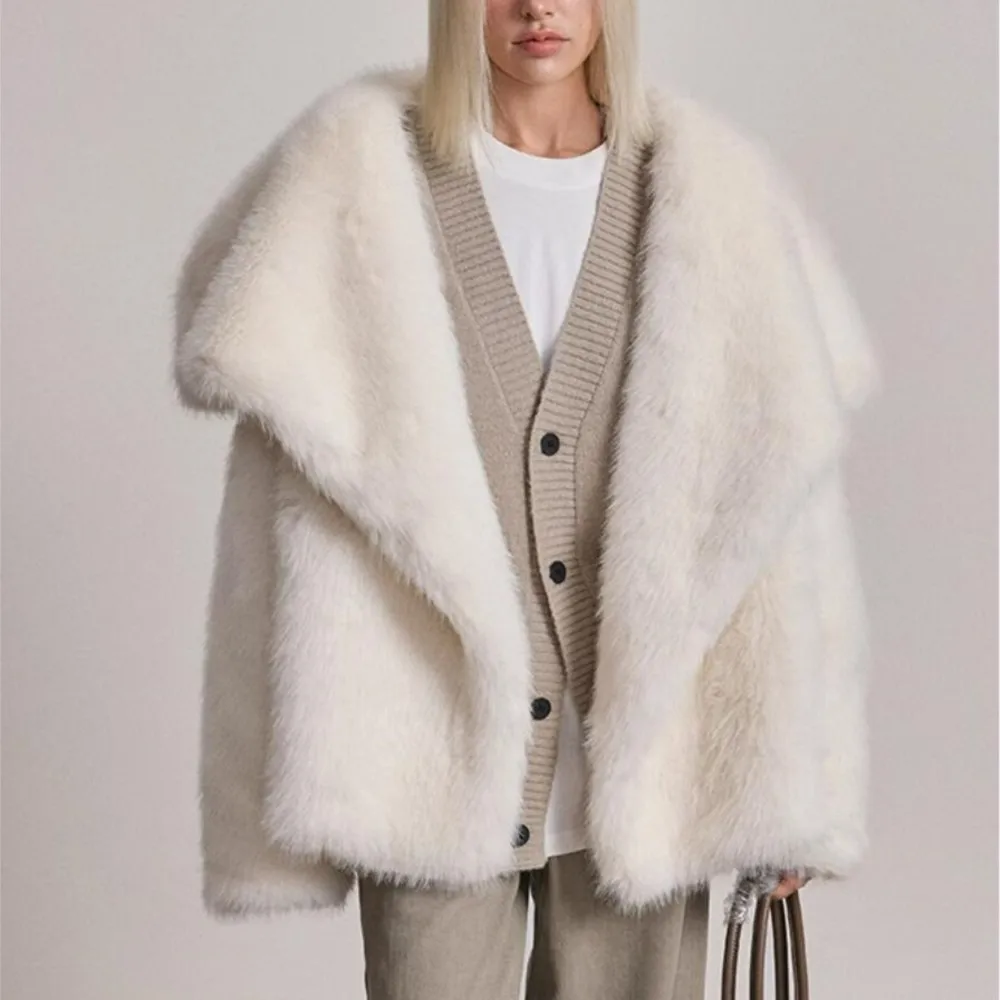 Winter creamy-white Hairy Shaggy Fox Faux Fur Coat Full sleeve Furry Women Open Front Big Lapel Furry Loose Oversized Outerwear