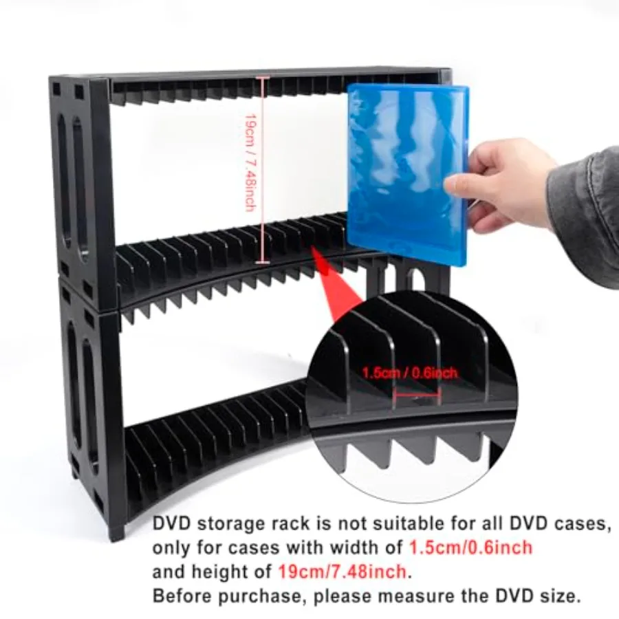 Rack de armazenamento de DVD empilhável com material ABS 2 pacotes de organizador de DVD para escritório doméstico e teatro comporta até 40 capas finas de joias de DVD