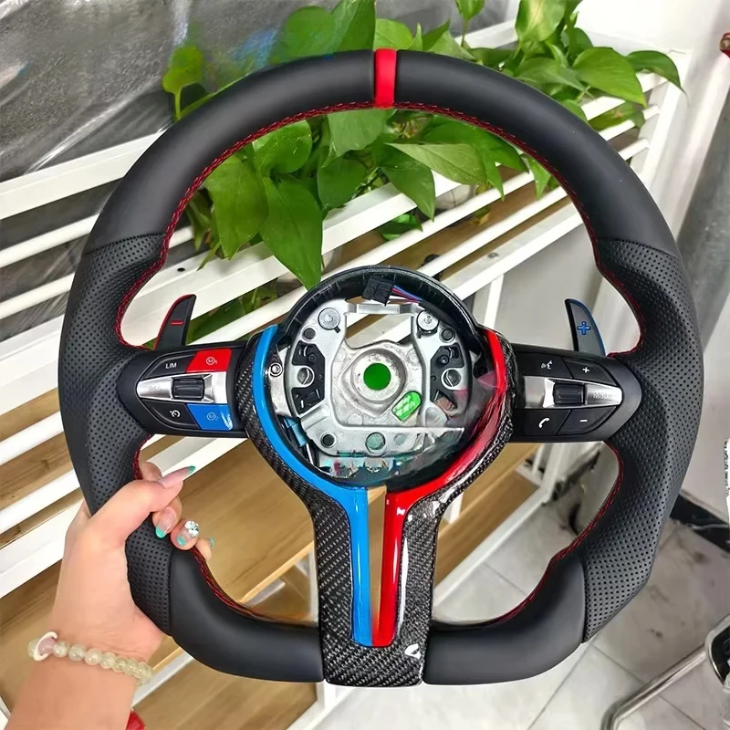 For BMW 3/5 Series Leather Steering Wheel | Red & Blue Personalized Modification Frame