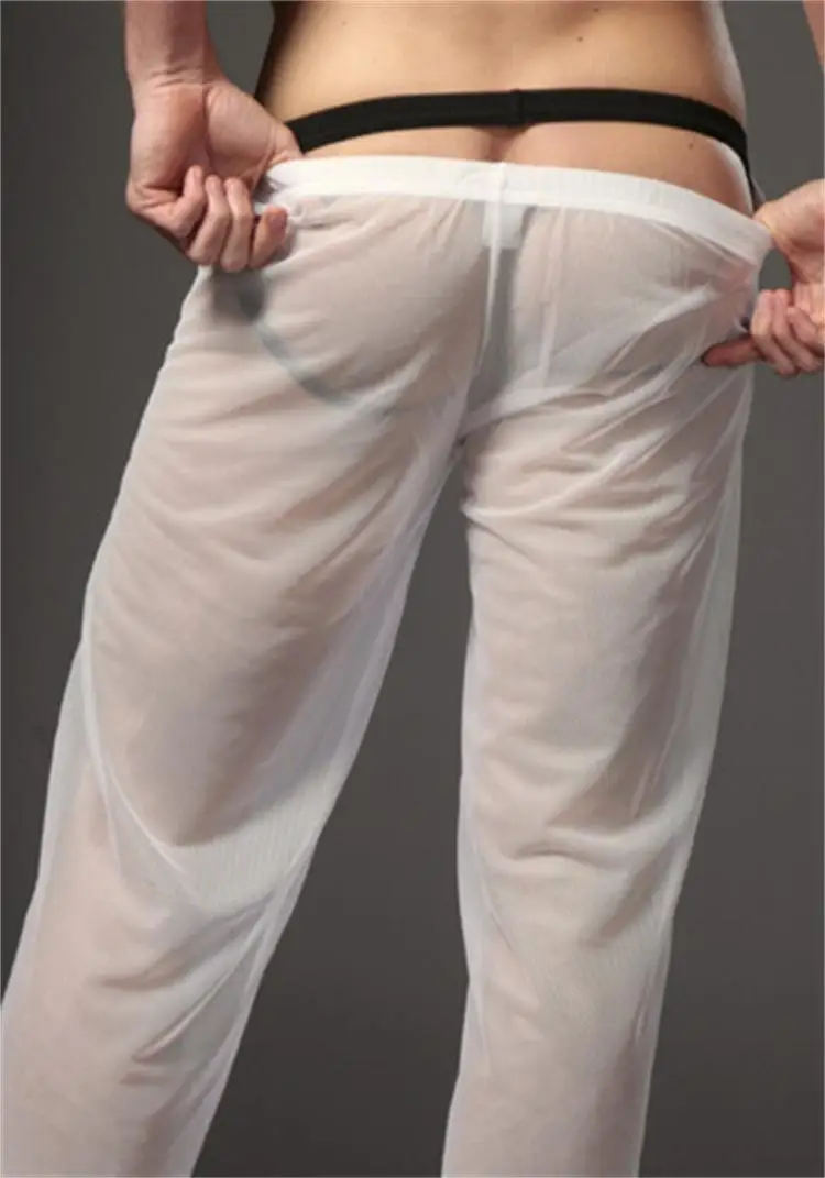 Pantalones de Casa de cintura baja para hombres, ropa de club nocturno Gay, pantalones largos transparentes de malla transpirable, lencería de fondo cómodo, refrescante