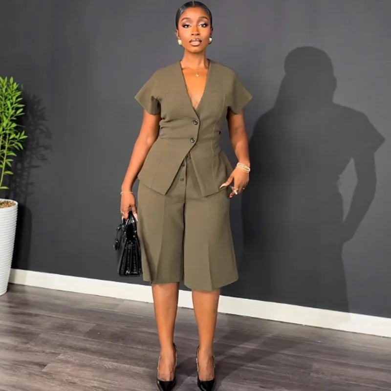 

Doyerl Элегантный модный комплект из двух предметов Женская рабочая одежда Офисный женский топ с короткими рукавами и v-образным вырезом и шорты до колена Одинаковые комплекты