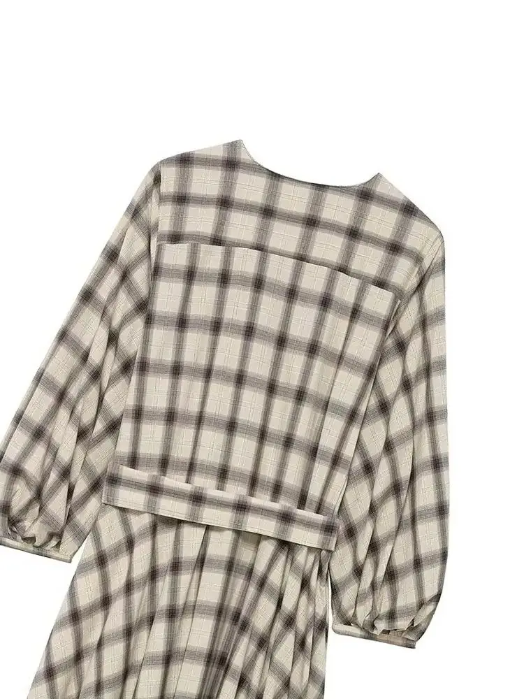 HH Mode Frauen Rundhals Taste Kariertes Hemd Stil Langarm Kleid Weibliche Elegante Gürtel Tasche Dekoration Casual A-Line Kleid