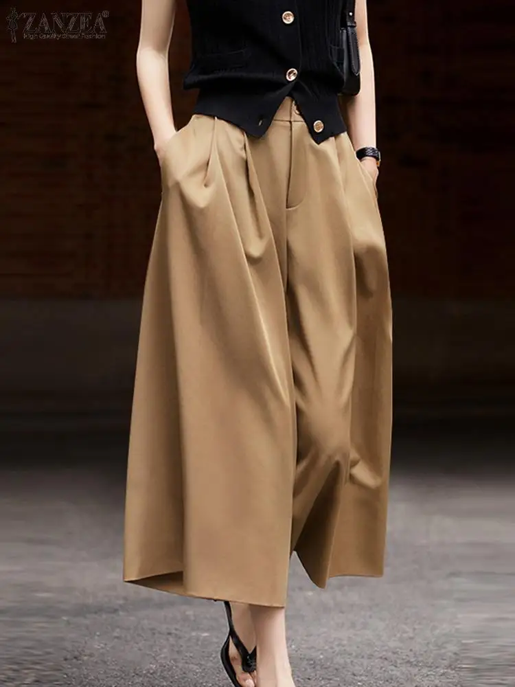 

ZANZEA Women Wide Leg Pants Korean Fashion High Waist Long Trousers 2024 Summer Oversized Bottoms Casual Loose Pocket Pantalons