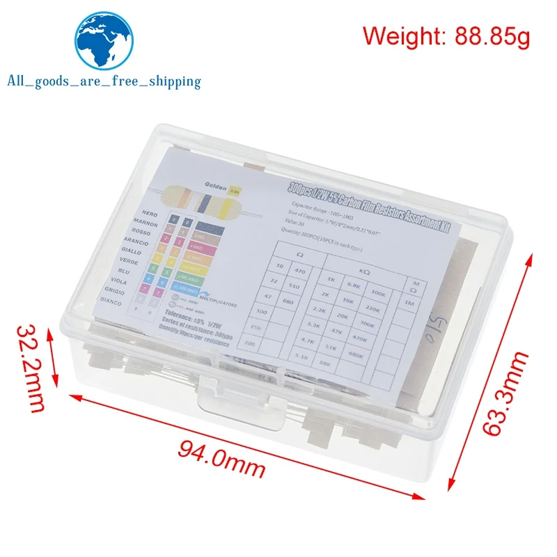 TZT 300pcs 30value Rang 10ohm-1Mohm 1/2W 5%  Metal Resistors Assortment Kit Set 30 Values Resistors