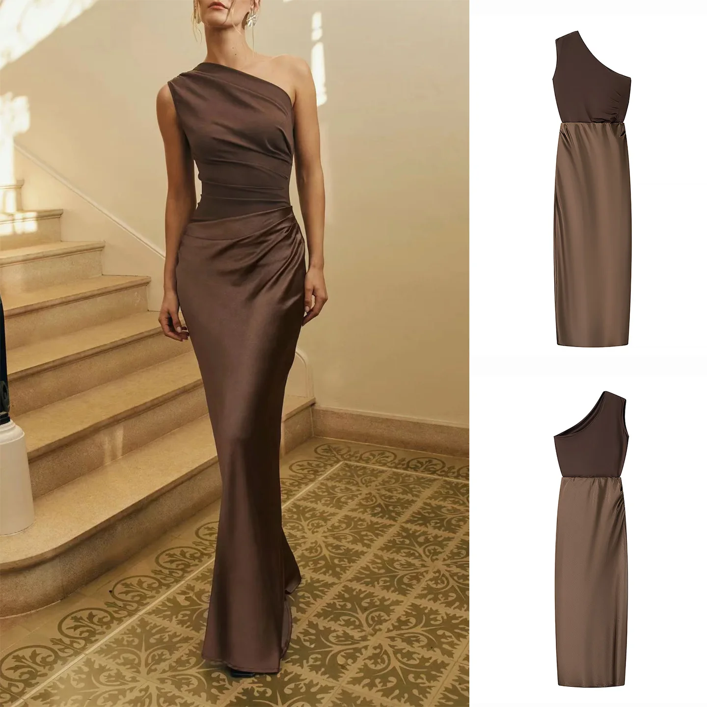 Otoño 2025 nuevo vestido largo de Svel con diseño de hombro decorativo plisado y diseño de empalme ceñido en la cintura para mujer