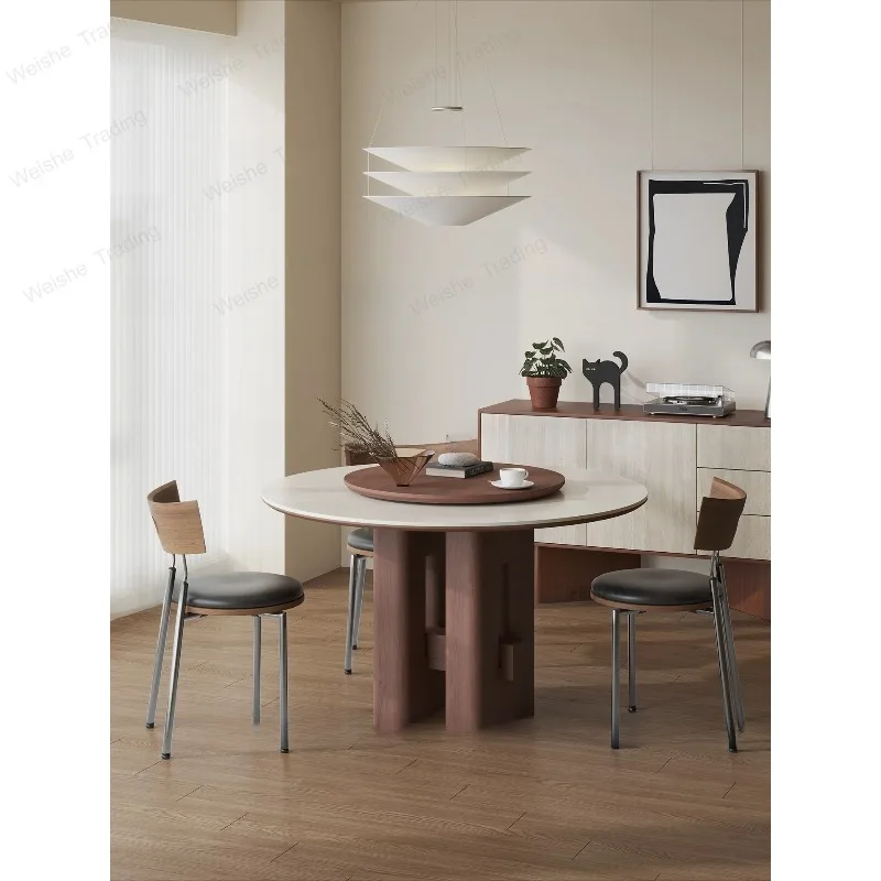 Retro solid wood travertine dining table round with turntable, modern simplicity, rock slab round dining table
