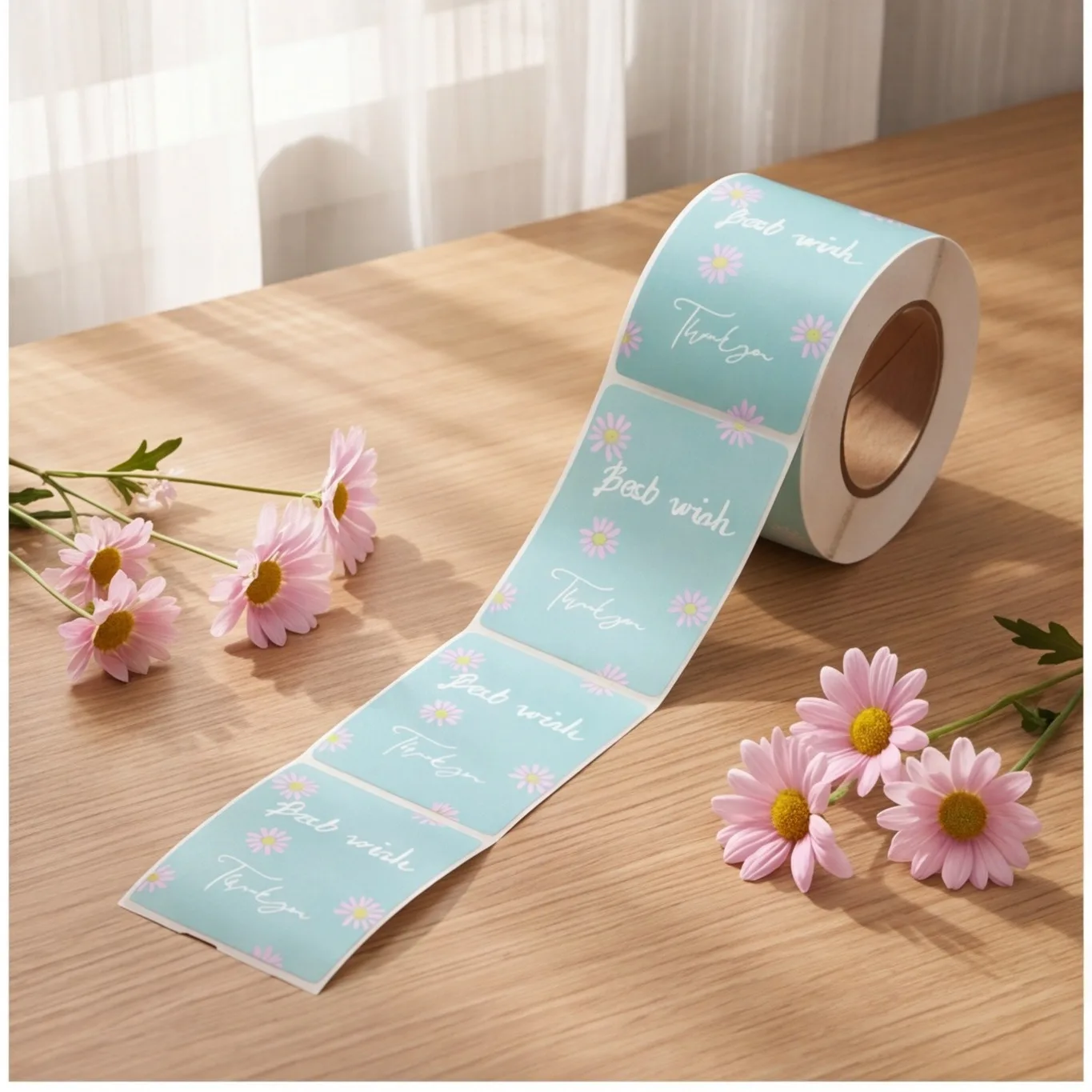 200Pcs/Roll Mint Green Daisy Thank You Stickers Rectangle Waterproof Labels for Small Business Gift Envelope Packaging Decor