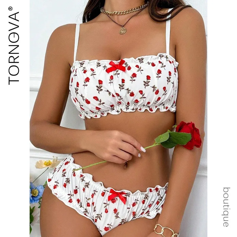 

Tornova Mesh Printing Girl Sexy Underwear Panty 2PCS Set Slim Exposed Navel Plunge Patchwork Women Interesting Underwear Set