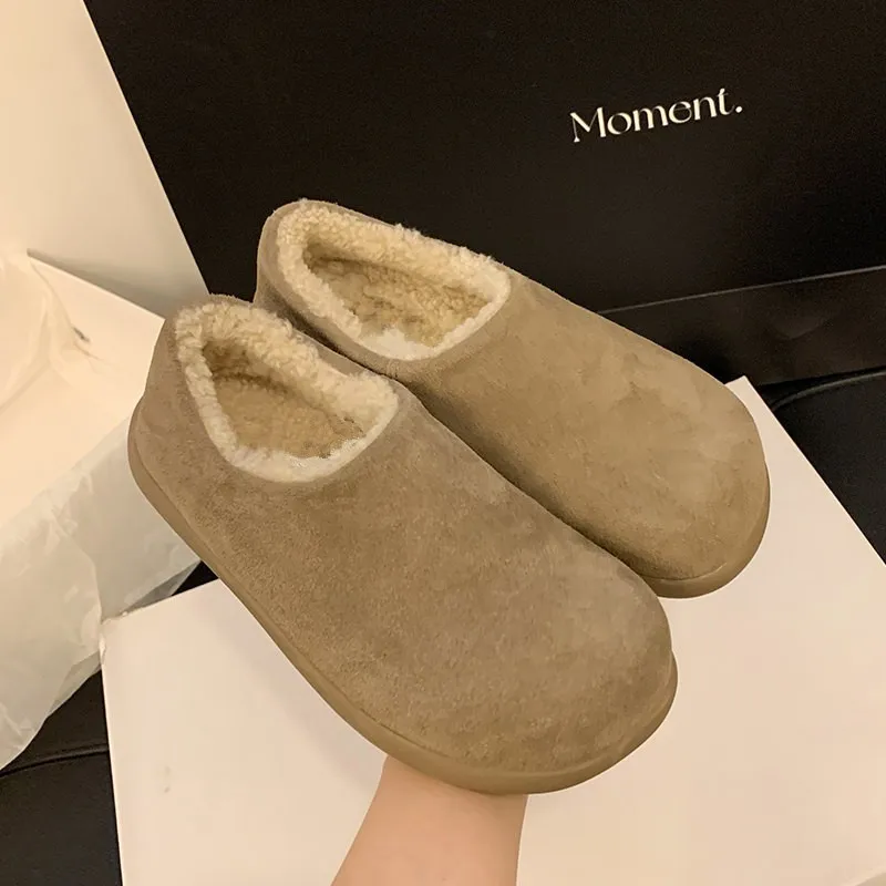 Women Fur Flats Platform Warm Snow Boots Suede Cozy New Femme Loafer Shoes 2025 Winter Short Plush Designer Botines Para Mujeres