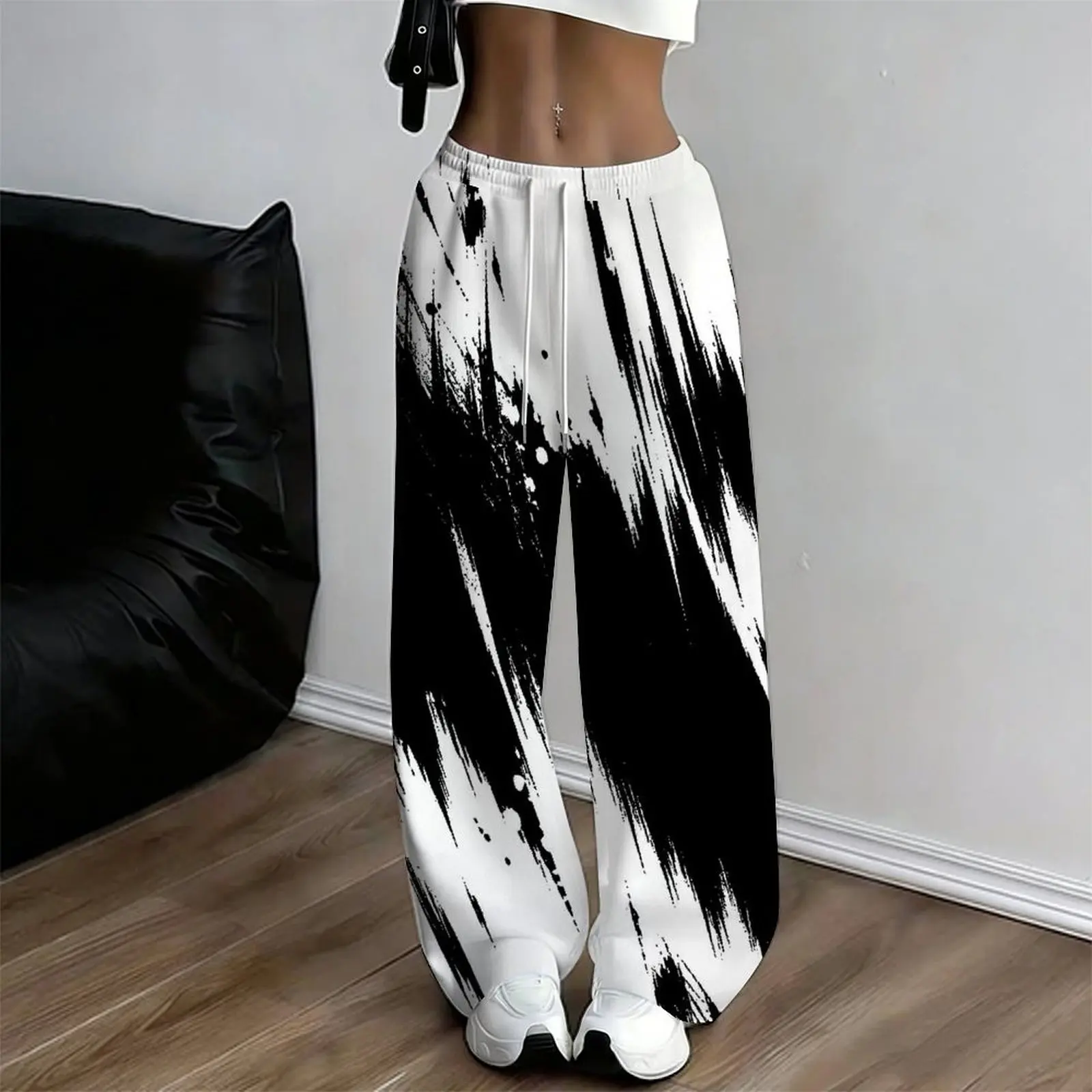Black White Brush Stroke 3D Print Quick Dry Straight Pants Unisex, Abstract Ink Splash Elastic Waist Streetwear Long Trousers