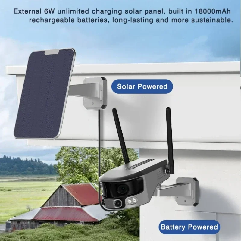 Dual Lens Ultra Wide Angle Full Color 4K Solar Panel Power Outdoor Lte 4g Sim Card Surveillance Security CCTV Solar Camera