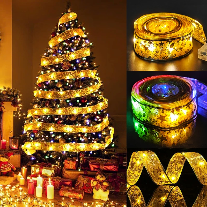 5/8/10m New Year Christmas Ribbon Fairy Light String Garland Lights Christmas Tree Ornament Ribbon Light Home Decoration