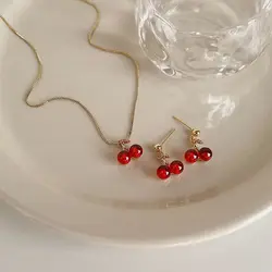 Red Cherry Pendant Necklace Stud Earrings Set Women's Fashion Fruit Necklace Earrings Jewelry Set Party Wedding Gifts E