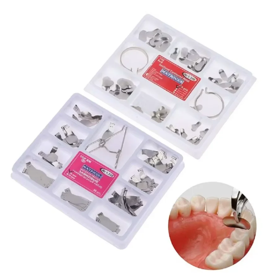 Dental Sectional Contoured Metal Matrice Matrix With Spring Clip Delta Ring No.1.330 No.1.398 Band Resin Clamping Seperating Kit