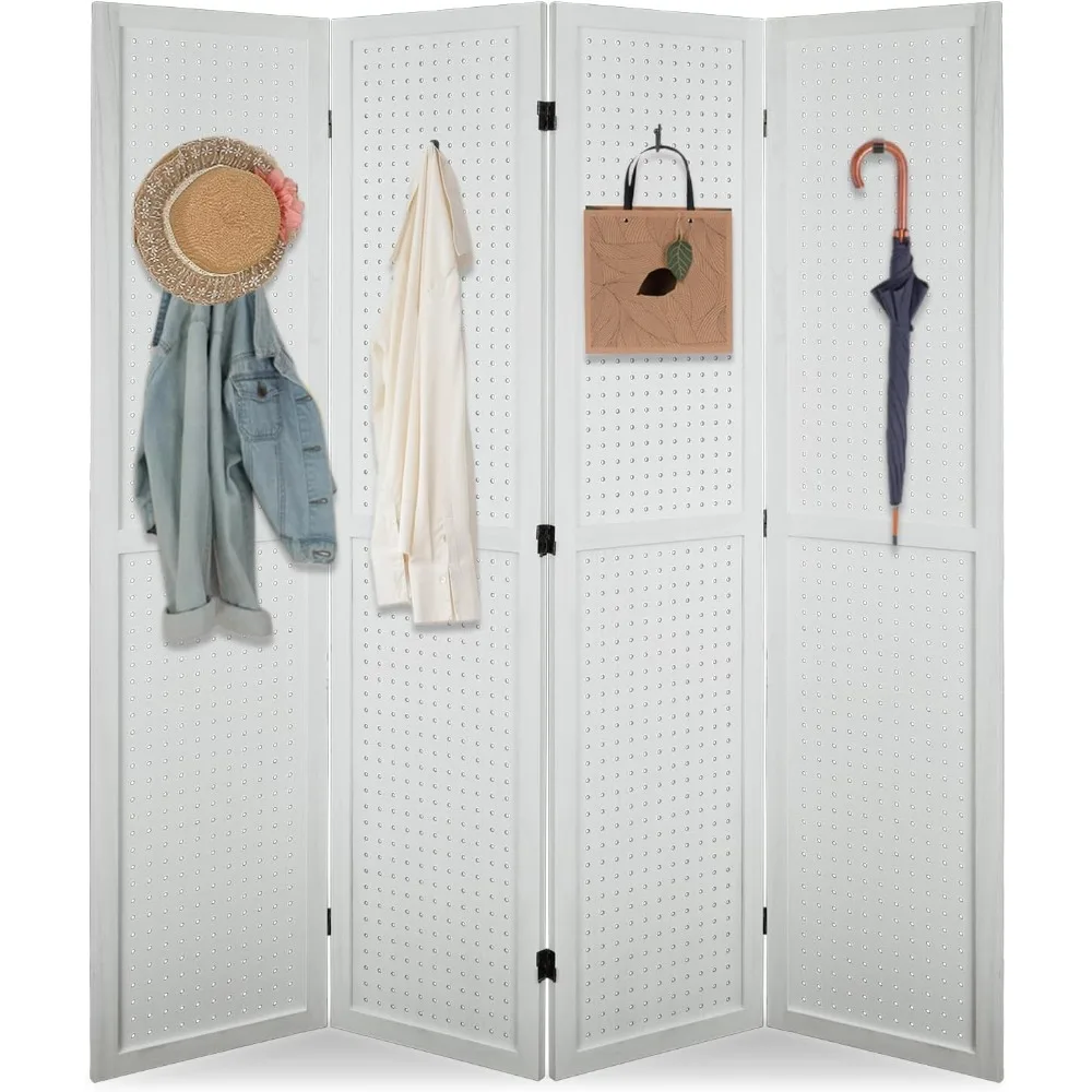 

4 Panel Room Divider, 5.6Ft Pegboard Display Wooden Room Divider Folding Privacy Screen Room Divider Freestanding Peg Boa