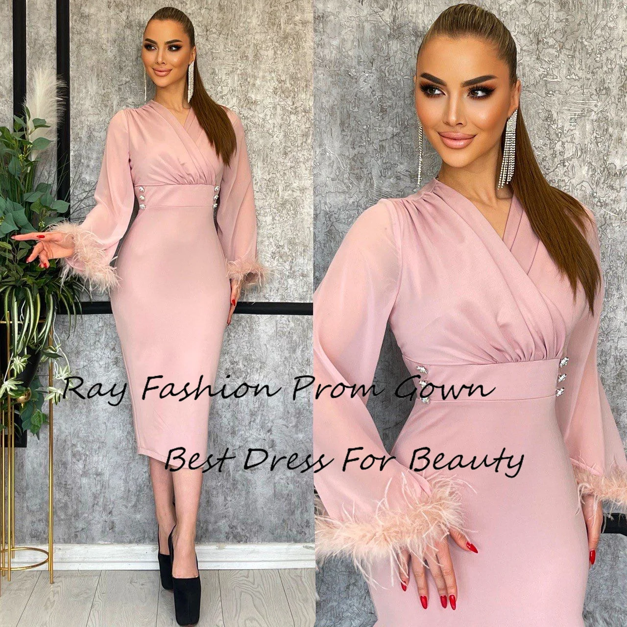 

Ray Fashion Mermaid Prom Dress Fold Draped With V Neck For Party Tea Length Evening Gowns Saudi Arabia فستان حفلة موسيقية