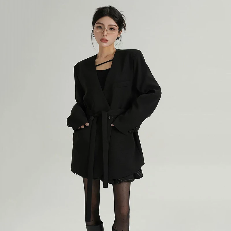 여성을위한 블랙 블레이저 가을 우아한 오피스 레이디 V 넥 정장 재킷 Y2K 한국 streetwear 느슨한 싱글 브레스트 여성 outwears