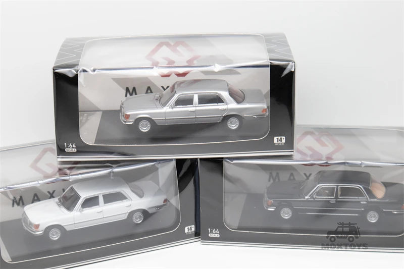 Carro modelo MaxWell-Diecast, 1:64, 1976 S 450SEL W116, branco prateado e preto, descodificação 699