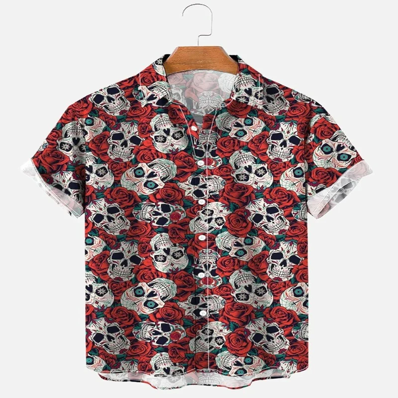 Camisa de manga corta con estampado 3D de calaveras y rosas para hombre y mujer, camisa hawaiana informal Unisex