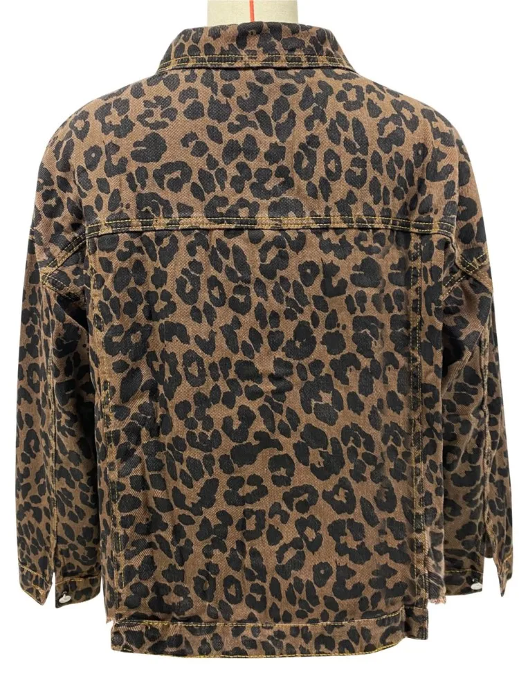 2025 Spring New Arrival Woman Vintage Leopard Denim Jacket Autumn Fashion Loose Leopard Print Coats Office Lady Women's Clothing