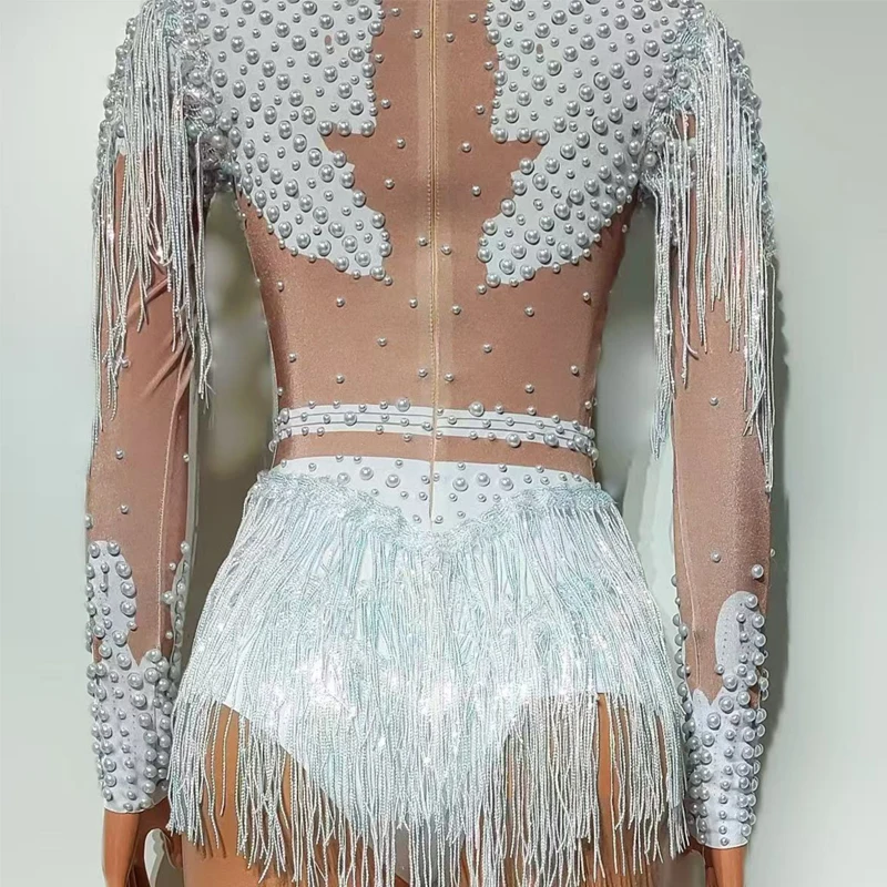 Sexy Pole Dance Clothing Women White Pearls Fringed Bodsyuit Bar Dj Ds Gogo Costume Drag Queen Outfit Stage Party Wear XS9577