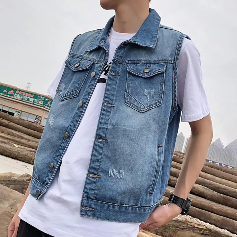 

Sleeveless Denim Vest Men's Sleeveless Denim Jacket with Ripped Holes Pockets Casual Single Breasted Waistcoat for A Stylish