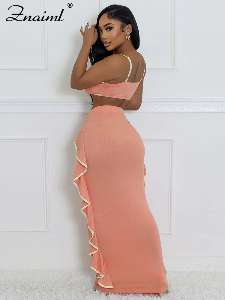 Znaiml Sexy Beach Pink Two 2 Pieces Women Cropped Top and Ruffles Long Skirts Matching Sets Summer Vacation Club Birthday Outfit